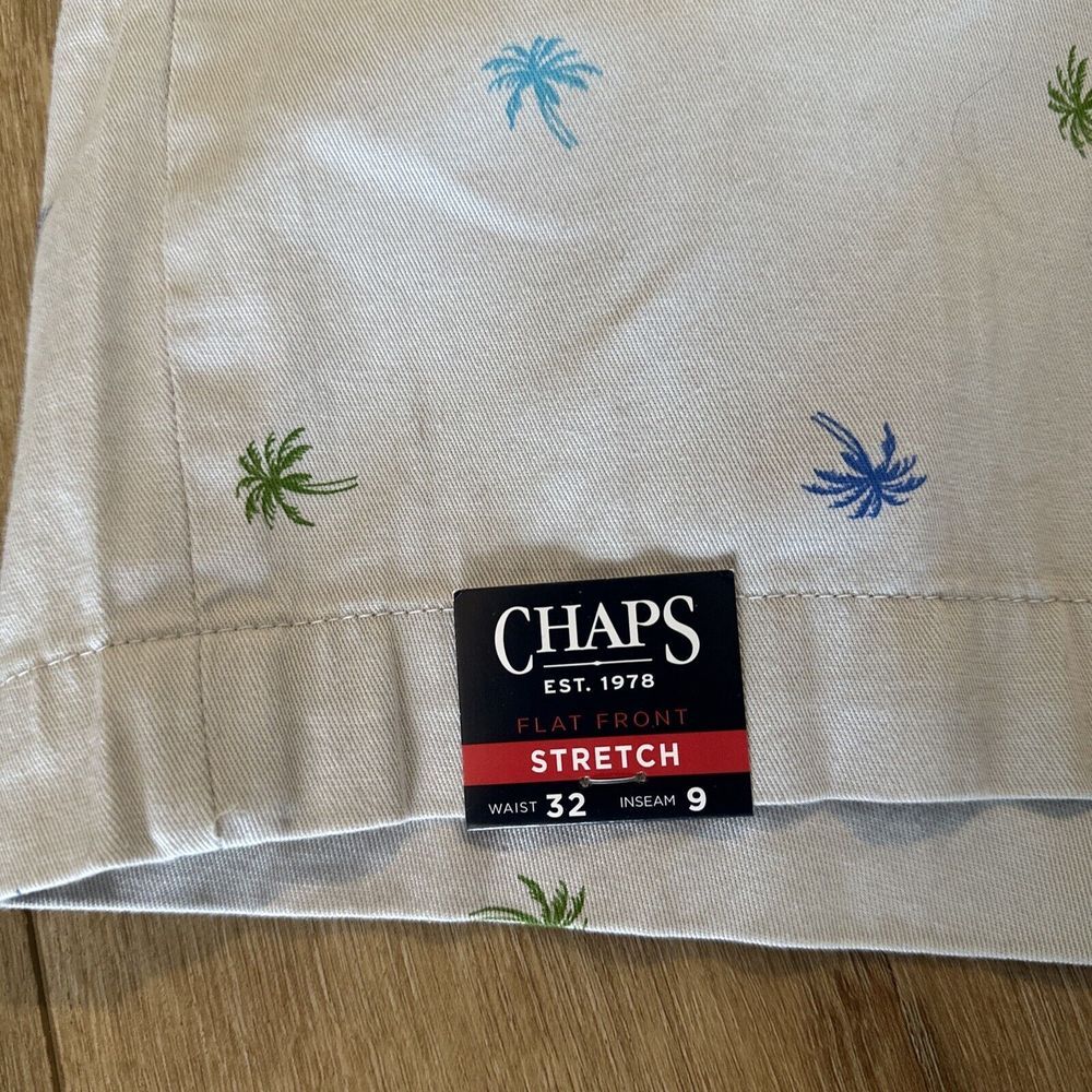 CHAPS Mens‎ Coastland Wash Palm Trees Shorts Stretch Size 32 9" Inseam Khaki NEW - Picture 2 of 9